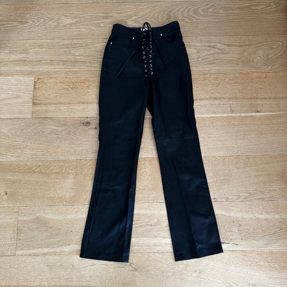 LPA - Fei 100% Leather Lace Up Front Moto Pants in Black